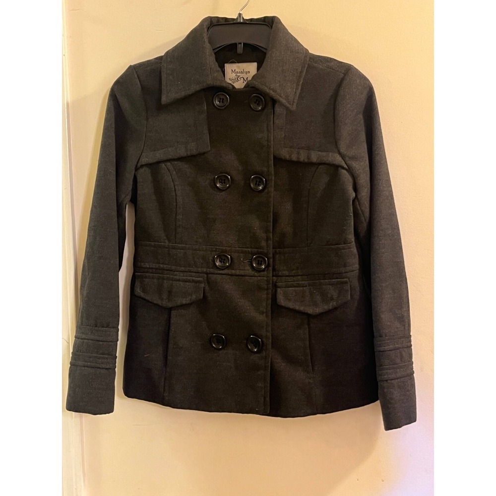 Maralyn & Me Peacoat Charcoal Women's Size L Gray/Black Wool Double Breasted